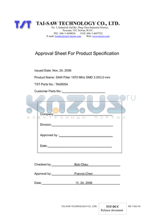 TA0605A datasheet - SAW Filter 1970 MHz SMD 3.0X3.0 mm