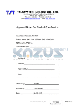 TA0630A datasheet - SAW Filter 1965 MHz SMD 3.0X3.0 mm