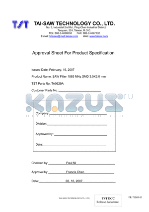 TA0629A datasheet - SAW Filter 1885 MHz SMD 3.0X3.0 mm