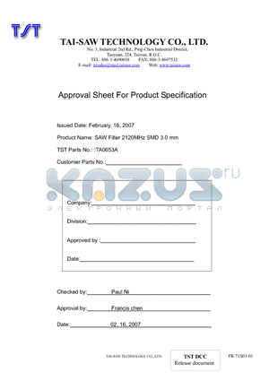 TA0653A datasheet - SAW Filter 2120MHz SMD 3.0 mm
