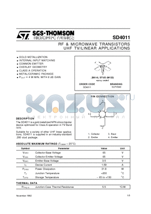 SD4011 datasheet - RF & MICROWAVE TRANSISTORS UHF TV/LINEAR APPLICATIONS