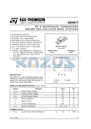 SD4017 datasheet - RF & MICROWAVE TRANSISTORS 806-960 MHz CELLULAR BASE STATIONS