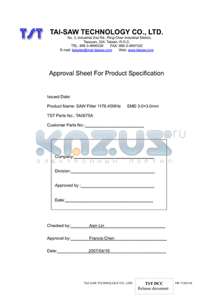 TA0675A datasheet - SAW Filter 1176.45MHz SMD 3.03.0mm