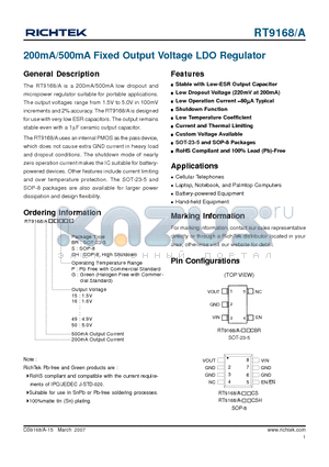 RT916815PSH datasheet - 200mA/500mA Fixed Output Voltage LDO Regulator