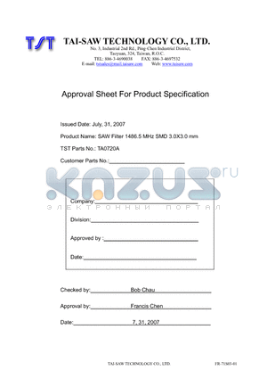 TA0720A datasheet - SAW Filter 1486.5 MHz SMD 3.0X3.0 mm