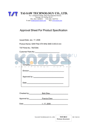 TA0729A datasheet - SAW Filter 974 MHz SMD 3.0X3.0 mm