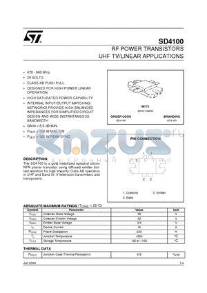 SD4100 datasheet - RF POWER TRANSISTORS UHF TV/LINEAR APPLICATIONS