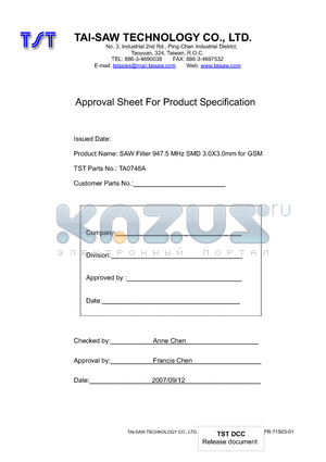 TA0748A datasheet - SAW Filter 947.5 MHz SMD 3.0X3.0mm for GSM