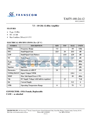 TA075-180-24-12 datasheet - 7.5 - 18 GHz 12 dBm Amplifier