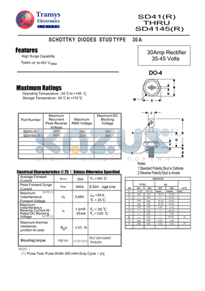 SD41R datasheet - SCHOTTKY DIODES STUD TYPE 30 A