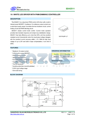 SD42511 datasheet - 1A WHITE LED DRIVER WITH PWM DIMMING CONTROLLER