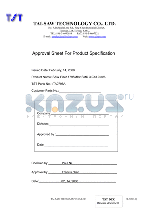 TA0798A datasheet - SAW Filter 1795MHz SMD 3.0X3.0 mm