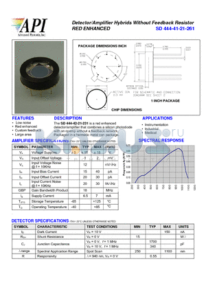 SD444-41-21-261 datasheet - Detector/Amplifier Hybrids Without Feedback Resistor RED ENHANCED