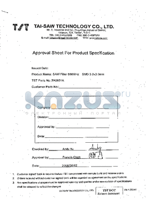 TA0801A datasheet - SAW Filter 866 MHz