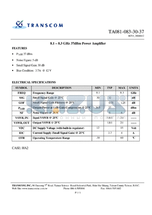 TA081-083-30-37 datasheet - 8.1 - 8.3 GHz 37dBm Power Amplifier