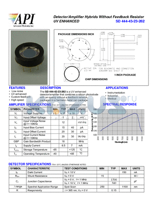 SD444-43-23-262 datasheet - Detector/Amplifier Hybrids Without Feedback Resistor UV ENHANCED