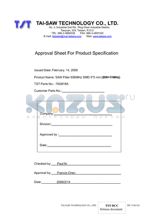 TA0818A datasheet - SAW Filter 656MHz SMD 5*5 mm (BW=11MHz)