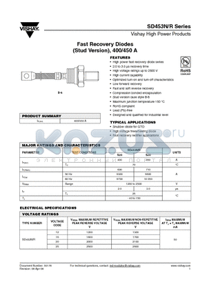 SD453N/R20 datasheet - Fast Recovery Diodes (Stud Version), 400/450 A