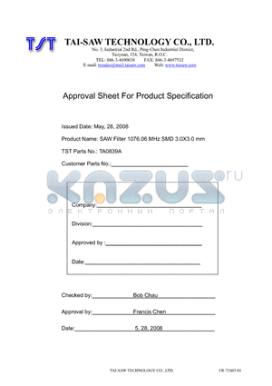 TA0839A datasheet - SAW Filter 1076.06 MHz SMD 3.0X3.0 mm