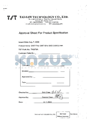 TA0879A datasheet - SAW Filter 2067 MHz