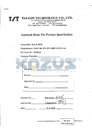 TA0908A datasheet - SAW Filter 875 MHz