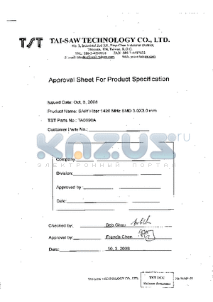 TA0890A datasheet - SAW Filter 1420 MHz