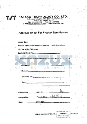 TA0944A datasheet - SAW Filter 433.92 MHz