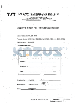 TA0940A datasheet - SAW Filter 453.695 MHz