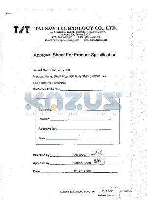 TA0960A datasheet - SAW Filter 554 MHz