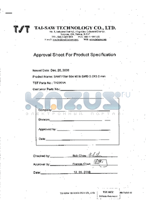 TA0961A datasheet - SAW Filter 584 MHz