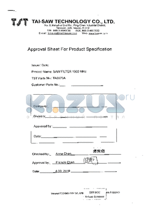 TA0970A datasheet - SAW Filter 1090 MHz