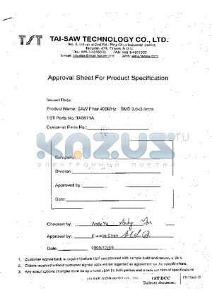 TA0971A datasheet - SAW Filter 400 MHz