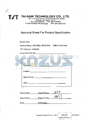 TA0976A datasheet - SAW Filter 872.5 MHz