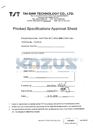 TA0991A datasheet - SAW Filter 947.5 MHz