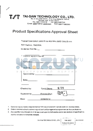 TA0980A datasheet - SAW Filter 402 MHz