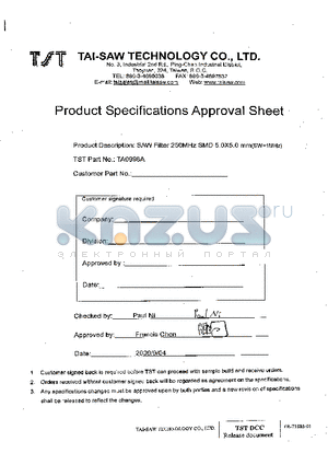 TA0998A datasheet - SAW Filter 250 MHz