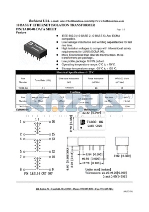 TA100-06 datasheet - 10 BASE-T ETHERNET ISOLATION TRANSFORMER