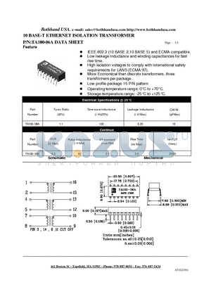 TA100-06A datasheet - 10 BASE-T ETHERNET ISOLATION TRANSFORMER