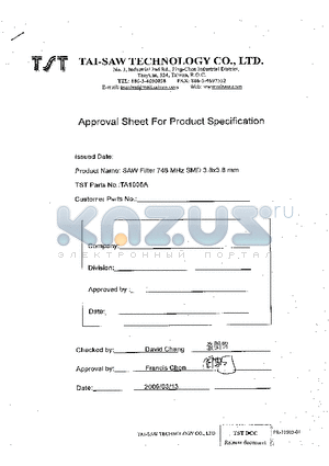 TA1005A datasheet - SAW Filter 748MHz