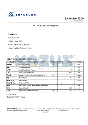 TA100-160-32-20 datasheet - 10 - 16GHz 20 dBm Amplifier