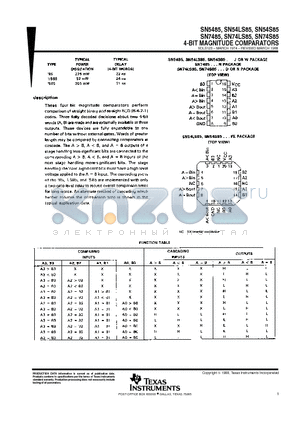 SN7485N datasheet - 4-BIT MAGNITUDE COMPARATORS