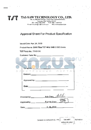 TA1015A datasheet - SAW Filter 707 MHz