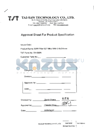 TA1008A datasheet - SAW Filter 927 MHz