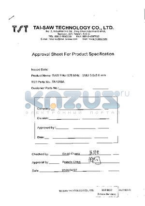 TA1019A datasheet - SAW Filter 876 MHz