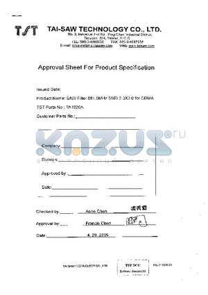 TA1020A datasheet - SAW Filter 881.5 MHz For CDMA