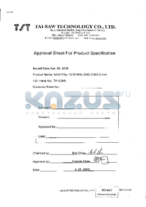 TA1029A datasheet - SAW Filter 1210 MHz