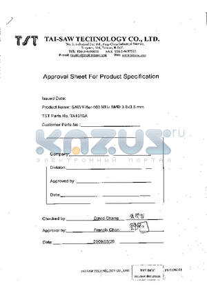 TA1010A datasheet - SAW Filter 460 MHz