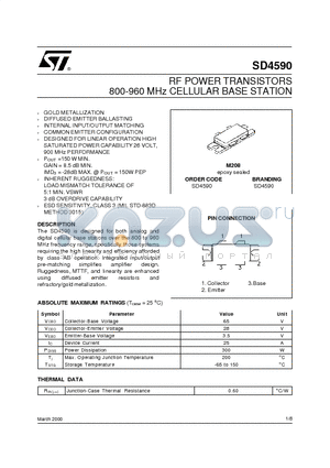 SD4590 datasheet - RF POWER TRANSISTORS 800-960 MHz CELLULAR BASE STATION