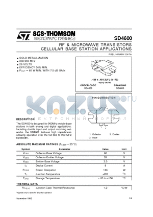 SD4600 datasheet - RF & MICROWAVE TRANSISTORS CELLULAR BASE STATION APPLICATIONS