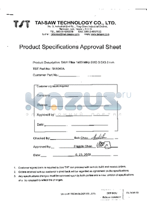 TA1047A datasheet - SAW Filter 1489 MHz